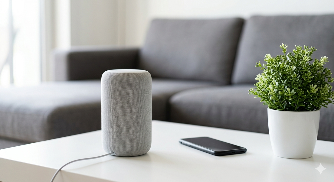 Smart speaker in un salotto moderno mentre riproduce musica