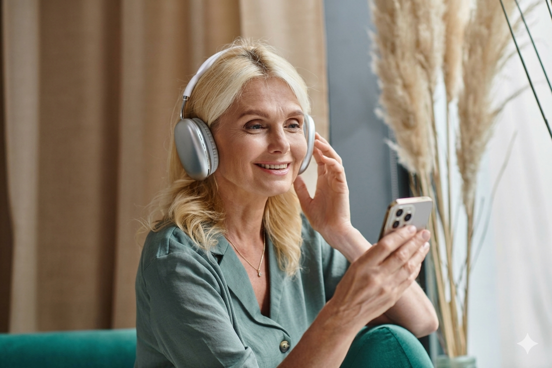 Playlist musicale su uno schermo con cuffie appoggiate accanto