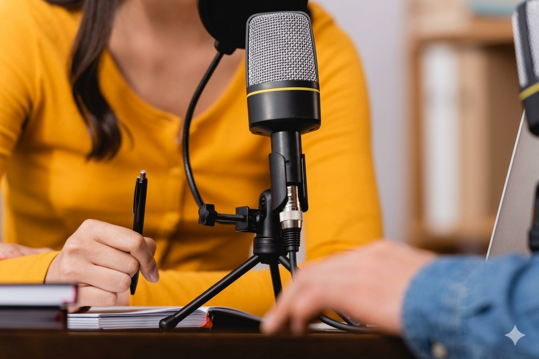 Speaker radiofonico che intervista un artista in studio